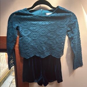 Dark Green Lace and Velvet Long Sleeve Romper